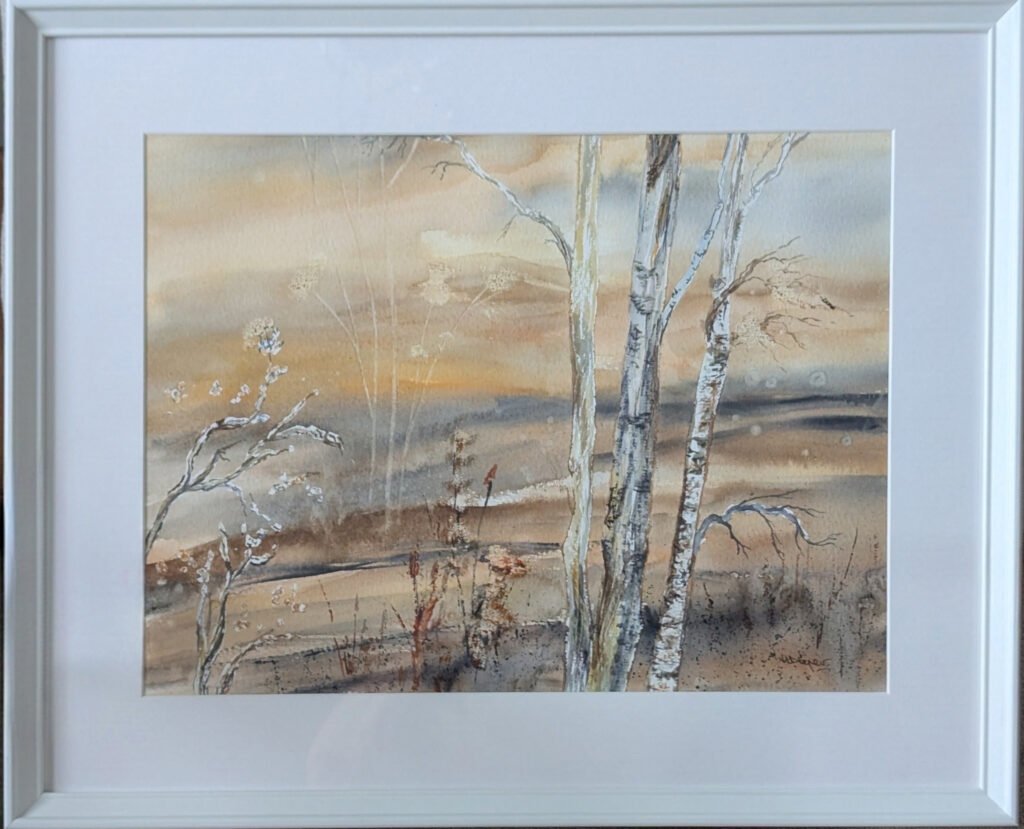 Winter Light This loose contemporary landscape uses abstract techniques in water colour to capture the stillness of a winter landscape, with pale birch tree trunks contrasting against warm ochre skies and distant fields with muted grasses and reeds in the foreground.